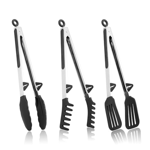 Pinzas de Cocina, MTQ 3PCS Pinzas para Cocina de 12'', Utensilios de Cocina de Silicona y Acero Inoxidable con Soporte, Gancho y Cerradura, Antideslizantes y Antiadherentes(Negro)