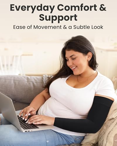 Image of KEMFORD Lymphedema Compression Arm Sleeves for Women - 15-20 mmHg, Silicone Grip, 1 Pair, Black, 2XL - Arm Support for Swelling & Edema