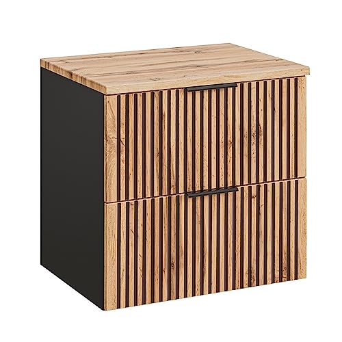 Lomadox Waschtischunterschrank 60 cm Unterschrank mit Waschtischplatte für Aufsatzwaschbecken anthrazit mit Eiche Nb. schwarz gerillt 60,6x59,2x46,5 cm (BxHxT)