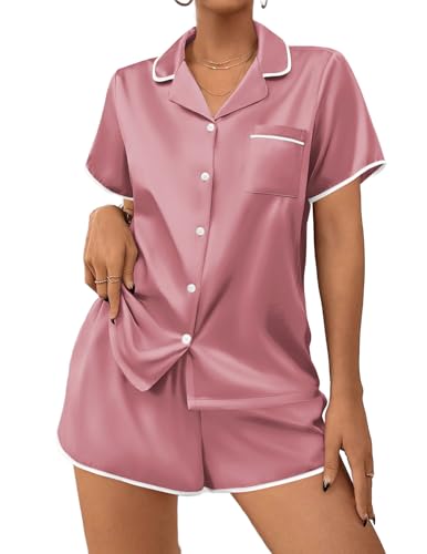 Image of Ekouaer Womens Satin Pajamas Set 2 piece Silky Buttton Down Short Pjs | Silk Notch Collar Top and Soft Shorts Lounge Set for Sleep, Daily Wear, Home, Wedding, Party