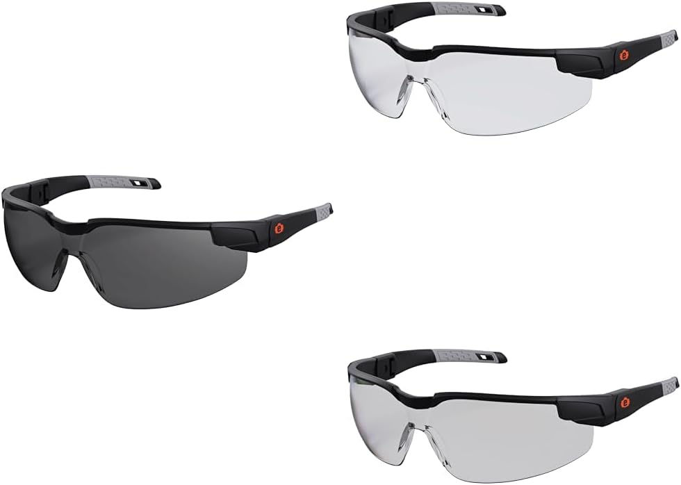 3 Pack of Ergodyne Skullerz Dellenger Adjustable Safety Glasses, z87 - Smoke, Clear & Indoor/Outdoor Lenses