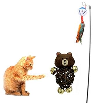 Kiki N Pooch 2 in 1 Cat Combo Feather Interactive Teasing Wand Toy || Rattle Cartoon Toy - for Cat/Kitten