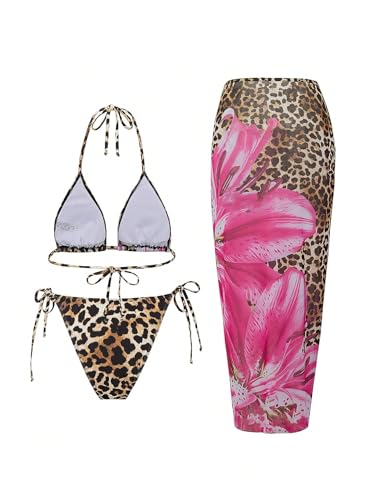 Women's 3 Piece Leopard Floral Bikini Sets Cheetah Halter Triangle Tie Back Swimsuit with Cover Up Skirt2