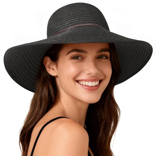 Sun Hats for Women Straw Hats UPF 50+ UV Sun Protection Wide Brim Packable Foldable Bowknot Womens Beach Hat for Summer Travel Black
