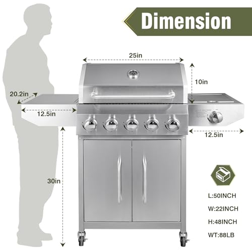 Image of Bestfire 68,000 BTU 5 Burner Propane Gas Grill with Side Burner-Professional-Grade Stainless Steel Outdoor BBQ Grill-647 sq in Cooking Space&Porcelain Cast Iron Grrates-Patio Cart Design for Backyard
