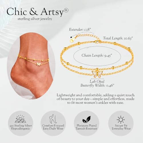 Image of CHIC & ARTSY 925 Sterling Silver Ankle Bracelets for Women, Adjustable Layered Foot Chains with Nature & Symbol Charms, Lightweight Comfort Fit Boho Beach Everyday Jewelry