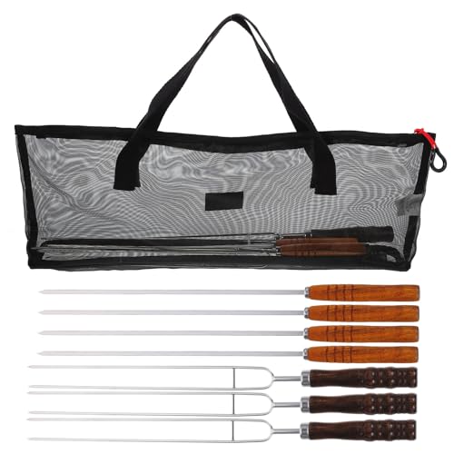 BIUDECO Set 7 Pezzi Spiedini per Barbecue in Acciaio Resistente Manico in Legno Nero Spiedini di Metallo Riutilizzabili per Carne e Verdure Accessori per Grigliata all'Aperto e Picnic