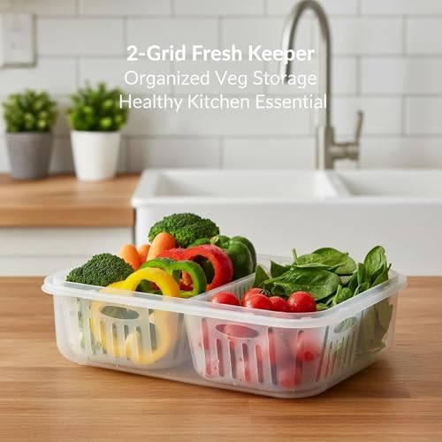Image of HORNBILLS 2 Grid Fridge Storage Containers Fridge Organizer Container & Lid, Stackable Box, Space Saving Plastic Containers for Chopped Vegetables, Fruits Modern, Clean, and Practical Food Organizer