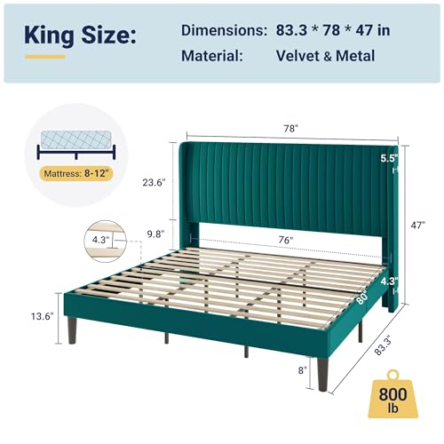 Image of Allewie King Size Bed Frame /Velvet Upholstered Platform Bed /Vertical Channel Tufted Wingback Headboard /Strong Wooden Slats /No Box Spring Needed /Easy Assembly /Teal