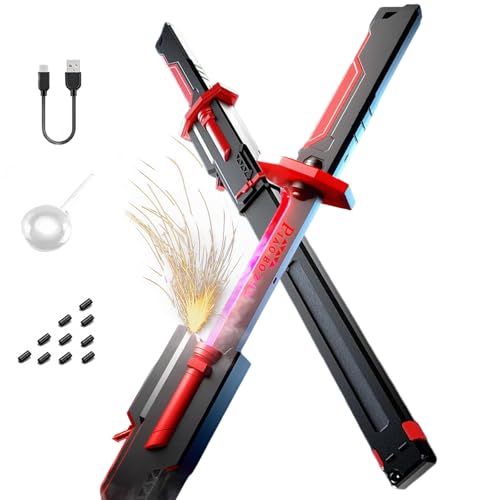 Hqyib Cyberpunk Neon Sword - 31.5 LED Spark Sword with Mist/Smoke Auto-Eject Sheath Type-C Recharge Replaceable Flint Spark Feature for Cosplay Halloween & Display