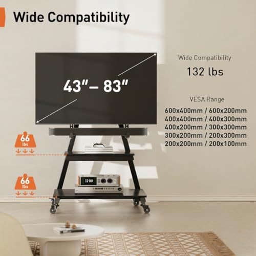 Image of Perlegear Rolling TV Stand with Soundbar Mount for 43-83 inch TVs, 132 lbs