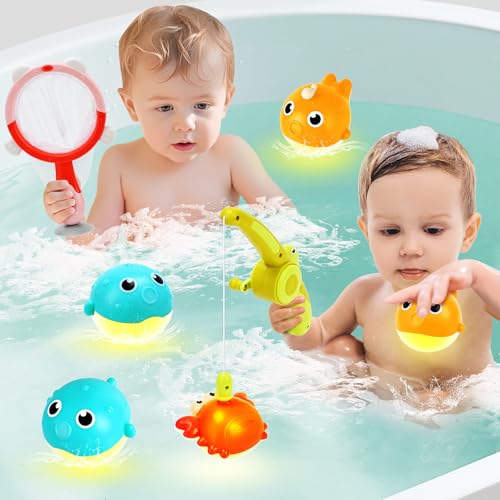 Toddlers Bath Toys for Kids Ages 1-3,7PCS Mold Free Swimming Bathtub Toy Set(Floating Light Up 1 Crab and 4 Fish,Thick Fishing Rod and Net), Magnetic Fishing Game Gifts for Boys Girls 1 2 3 4 5 6