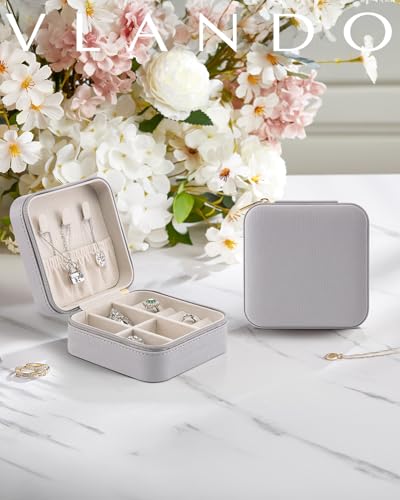 Vlando Travel Jewelry Box, Small Jewelry Travel Organizer Case for Girls Women - Grey - Thumbnail 2
