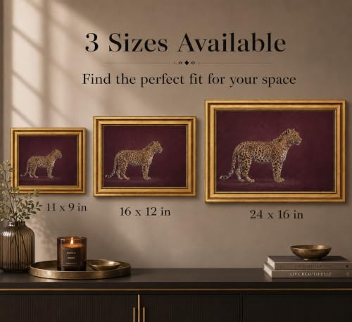 Image of Gold Framed 3D Textured Wall Art, Vintage Burgundy Cheetah Canvas Prints, Minimalist Maroon Wildlife Pictures Decor, Luxury Animal Gallery Artwork for Living Room Bedroom Entryway 16x12inch