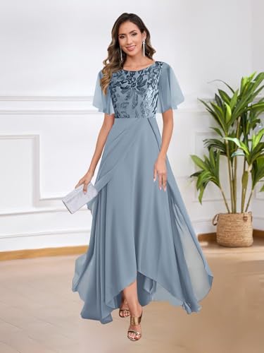 Sequin Chiffon Mother of The Bride Dresses for Women A Line Ruffle Sleeves Formal Evening Gowns2