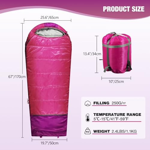 Kids Mummy Sleeping Bag, 3 Season Cold & Warm Weather Waterproof Camping Sleeping Bags, Lightweight Portable with Compression Bag for Camping Hiking Backpacking miniatura 3