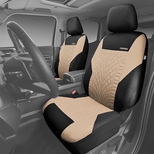 Image of CAR PASS Car Seat Covers Two Front Only for Car, 3D Tyre Print Automotive Interior Covers, Airbag Compatible, Quick Setup Universal Fit Seat Covers for Car, Truck, SUV(Black and Beige)