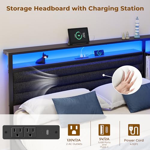 Image of OURPIC Full Size Bed Frame with Headboard and Storage Drawers, Full Metal Platform Corner Bed Frame with Charging Station and LED Lights, Heavy Duty Strong Support Slats and Easy to Assemble, Black
