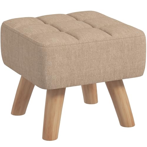 HOMCOM Modern Tufted Footstool, Fabric Foot Stool with Rubber Wood Legs, Padded Seat, for Living Room, Bedroom, Entryway, Light Brown