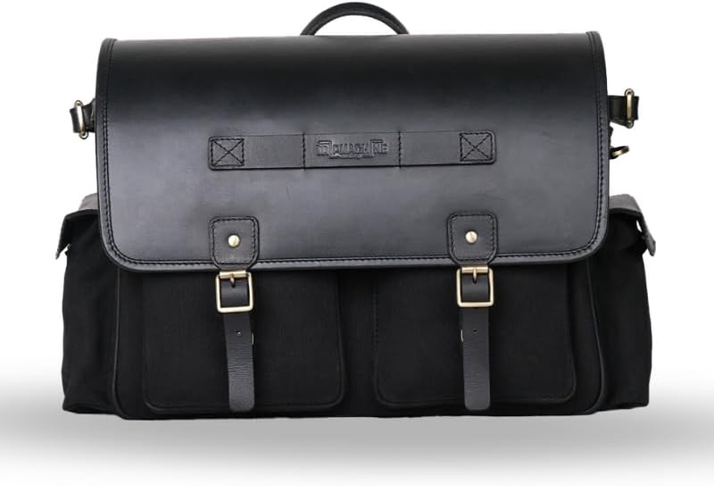 Trip Machine Company Expedition Saddlebag – 25L 16 oz Heavy-Duty Canvas & Leather Touring Luggage Bags With Saddle Stays & Raincover (Pair, All Black, Triumph Bonneville (2016-Now))