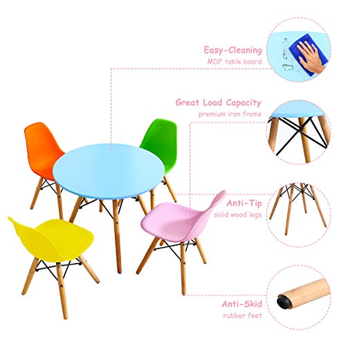 Image of Costzon Kids Table and Chair Set, 5 PCS Mid-Century Modern Style Kids Desk Set w /Wood Legs, Iron Frame for Dining Drawing Playing & Strong Bearing Capacity, Toddler Table and Chairs (Colorful)