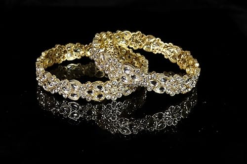 Image of NMII Gold Plated Metal Kundan Stone & American Diamond Bangles For Women & Girls | Traditional Kada For Women | Fancy Rajwada Bangles | Bangles For Wedding, Party, Occasion- Set of 2