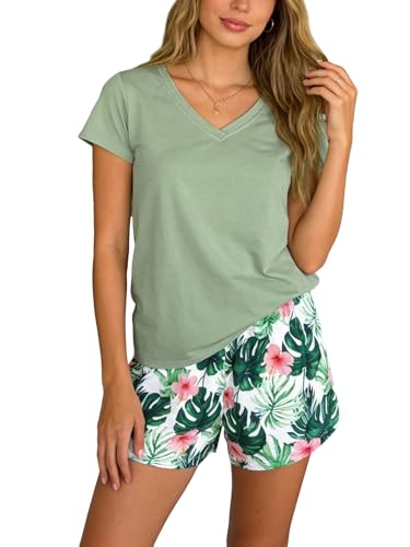 Image of VENTELAN Pajama Set For Women Cute PJS Summer Short Sleeve Shorts Sleepwear