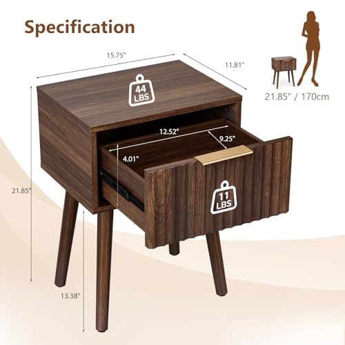 Image of VINGLI Night Stand Set 2, Fluted Nightstands with Drawer, Mid Century Modern Nightstands Set of 2, Bedside Table, End Table, Wood Nightstand for Bedroom, Walnut, 15.75 inch W*11.81 inch D*21.85 inch H