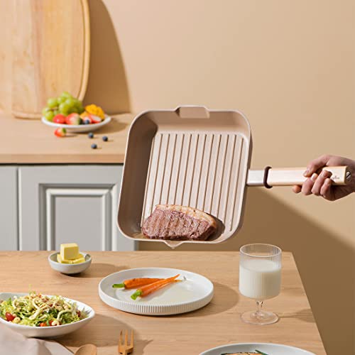 Taste Plus Grill Pan, Nonstick Square Steak Pan 9.5 Inch With Wooden Handle And Pour Spout #TOP3