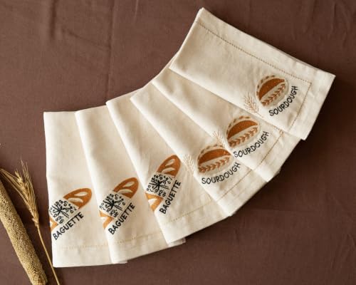 Image of Sourdough & Baguette Embroidered Napkins Set of 6,18x18 Inch, Reusable & Washable Napkins for Dining Table, Tea, Cocktails & Table Decor - Artisan Bakery Embroidered