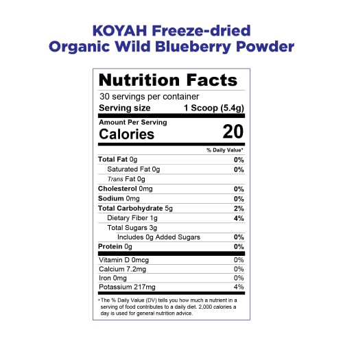 Koyah - Organic Wild Blueberry Powder (Lowbush Variety - Vaccinium Angustifolium): 30 Servings (1 Scoop = 60 Berries), Canada Grown, Freeze-Dried, Whole-Berry Powder #TOP3