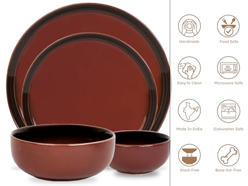 Image of Bodhi House Handcrafted Chip Resistance Porcelain Solid Dinner Set, 20 Pieces Dish Set Serving for 6, Microwave and Dishwasher Safe, Bone-Ash Free, Crockery Set for Dining and Gifting, Deep Red