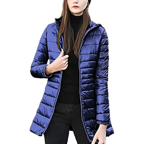 4How Women's lightweight down jacket, medium-length, slim coat with hood, blue, XXL Cover
