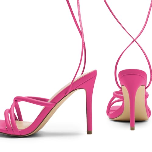 DREAM PAIRS DREAM PAIRS Heels for Women Strappy High Stiletto Lace Up Heeled Sandals Square Open Toe Heels for Prom Party Dating,Size 9.5,Hot Pink-Pu,SDHS2478W