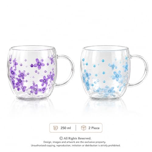 Image of KiKiluxxa 250ml Double Wall Glass Tea Coffee Mug Set of 2 | Glass Cups with Movable Decorative Flowers & Pearl Beads | Insulated Glass Mug for Tea, Coffee, Milk, Gift (Ruby Blossom+Golden Daisy)