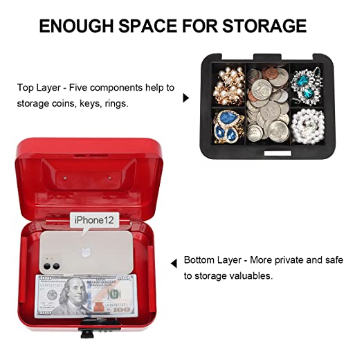 Kasten Cash Box With Combination Lock, Metal Cash Box With Money Tray, 7.87"X 6.30"X 3.54", Small Red #TOP2