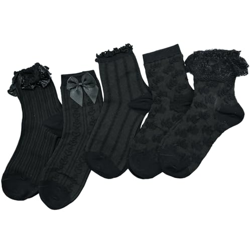 5 Pairs Women's Lace Ruffled Socks with Bows, Cute Frilly Ankle Socks