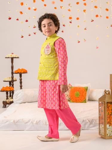 Pspeaches Boys Ethnic Motifs Printed Pure Cotton Kurta With Pyjamas And Nehru Jacket