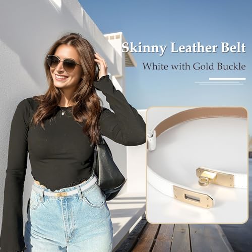 Women Skinny Leather Belt Solid Color Adjustable Thin Belt Alloy Turn Lock Buckle For Jeans Dresses Coats，White4