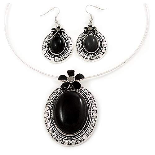Collar de alambre flexible negro grande y pendientes de cerámica en tono plateado ajustable