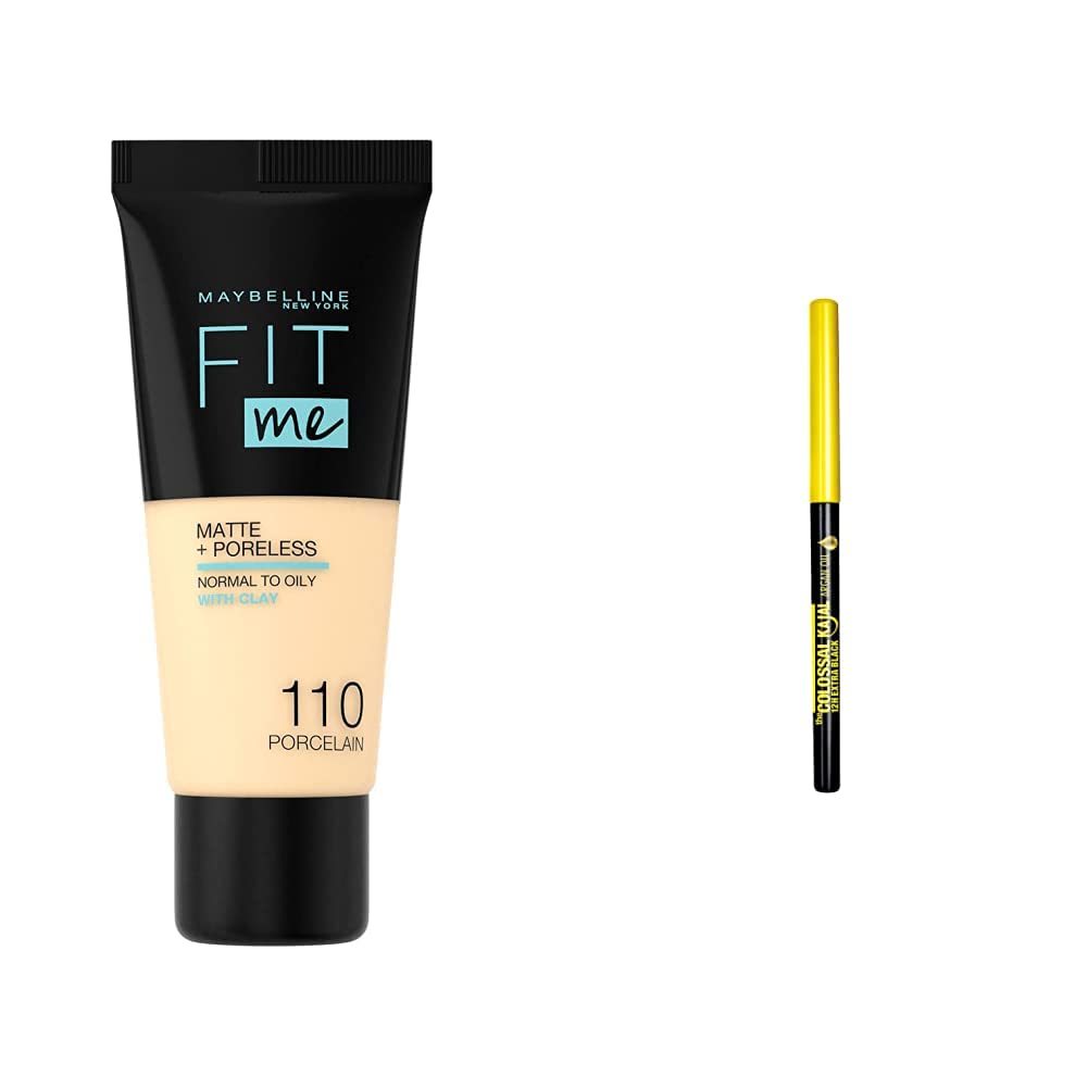 MAYBELLINENew York Fit Me Matte And Poreless Foundation 110 Porcelain & Colossal Kajal Argan Oil Khol Eyeliner