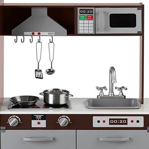 Image of Amazon Basics Kids Upright Wooden Kitchen Toy Playset with Stove, Oven, Sink, Fridge and Accessories, for Toddlers, Preschoolers, Children Age 3+ Years, Espresso /Gray, 39x11.8x39''