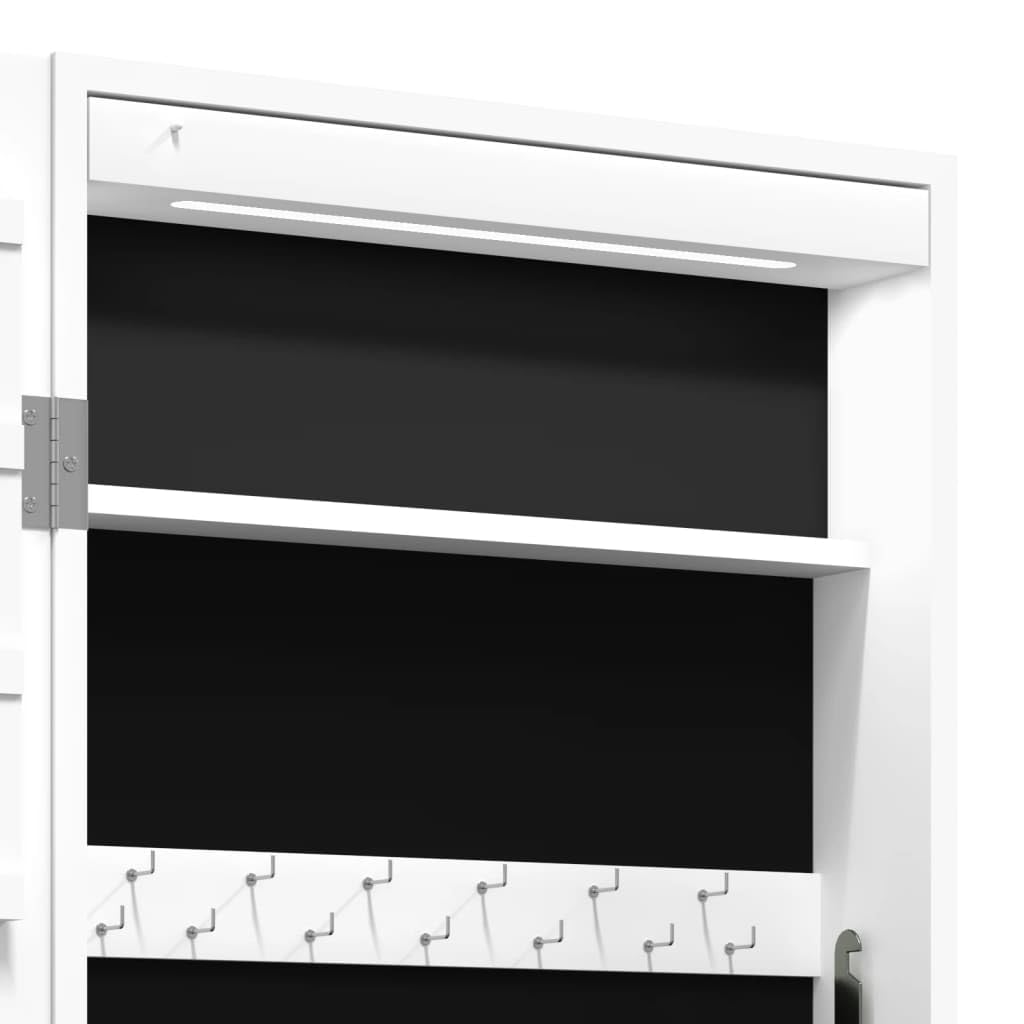 Lustro szafka na biżuterię z oświetleniem LED, montaż na ścianie, biały, 37,5 x 10 x 67 cm, materiał drewnopochodny, zamykana, do łazienki, sypialni, korytarza
