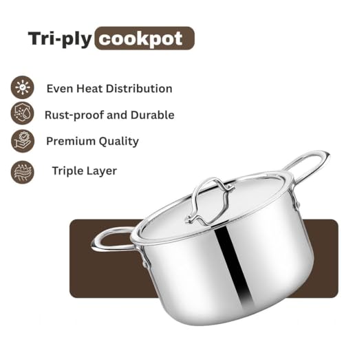 Image of Mumma's LIFE Biryani Pot Heavy Bottom - Triply Stainless Steel Cooking Pot with Lid 20 cm (3500ml) | Even Heating, Durable, Energy Efficient Pot for Rice Stew & Curry | Induction & Gas Stove Friendly