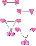 OUFER 4PCS Nipple Piercing Jewelry, 14G ​Pink Bell&Chain Nipple Rings Surgical Steel, Melting Heart 14MM Nipple Barbells, Nipple Piercing Kit For Women