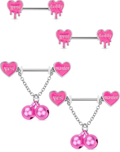OUFER 4PCS Nipple Piercing Jewelry, 14G ​Pink Bell&Chain Nipple Rings