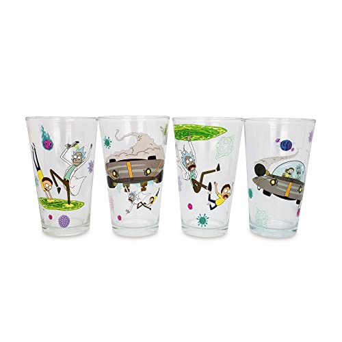 Silver Buffalo Rick and Morty 16-Ounce Pint Glasses, Set of 4 | Traditional Beer Mug Glass Tumblers For Liquor, Beverages