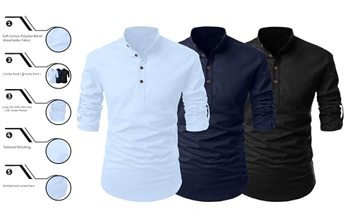 Image of FINIVO FASHION Combo of Men's Cotton Blend Solid Regular Fit Full Sleeve Straight Short Kurta Shirt, Casual and Formal Wear