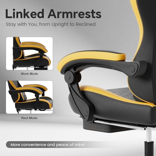 Image of Gaming Chair, Computer Office Chair with Footrest, Adjustable Height & Backrest Gaming Chairs with Swivel for Adults, High Back PU Leather Ergonomic Chair with Lumbar Support, Blackyellow