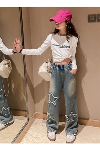 Kids Girls Casual Heart Print Baggy Wide Leg Denim Pants Elastic Waist Casual Jeans3